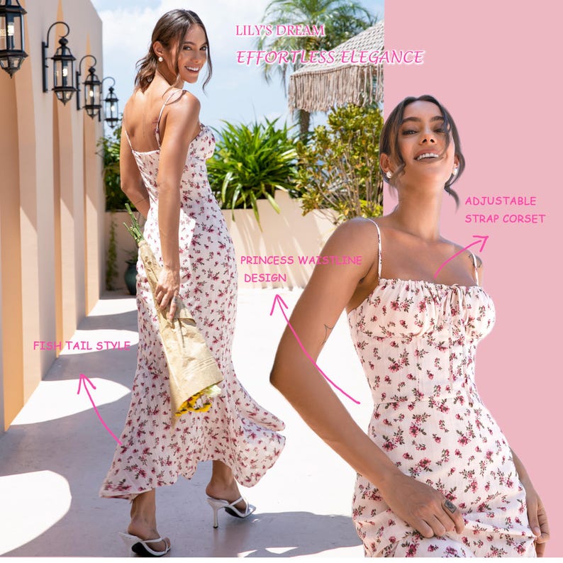 May include: A white floral print dress with a princess waistline and adjustable straps. The dress features a fish tail style and the text "LILY'S DREAM EFFORTLESS ELEGANCE".