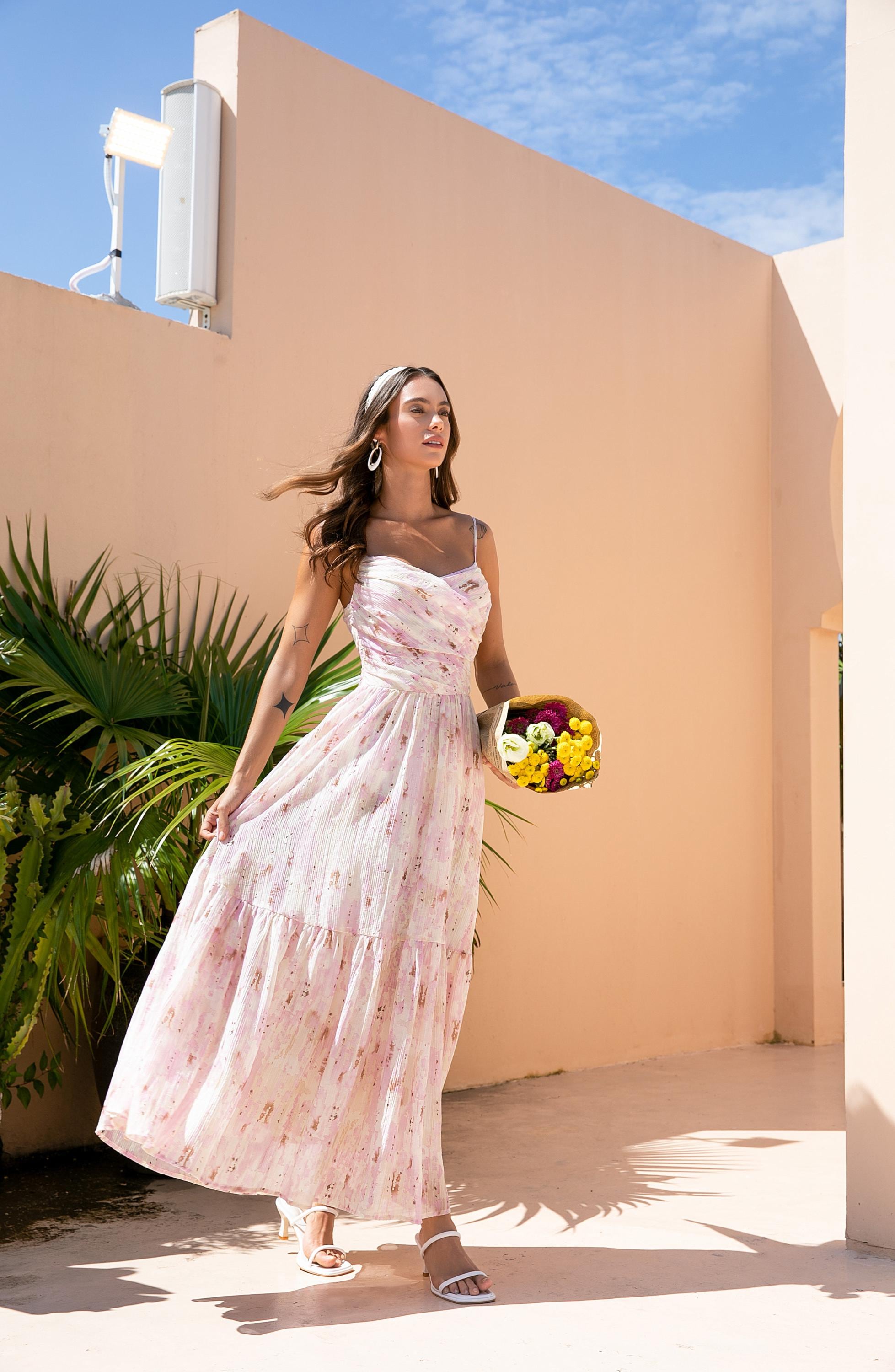 knee length dresses for ladies Pink Strapless Multi-Colored Floral Beaded Appliqué Long Dress