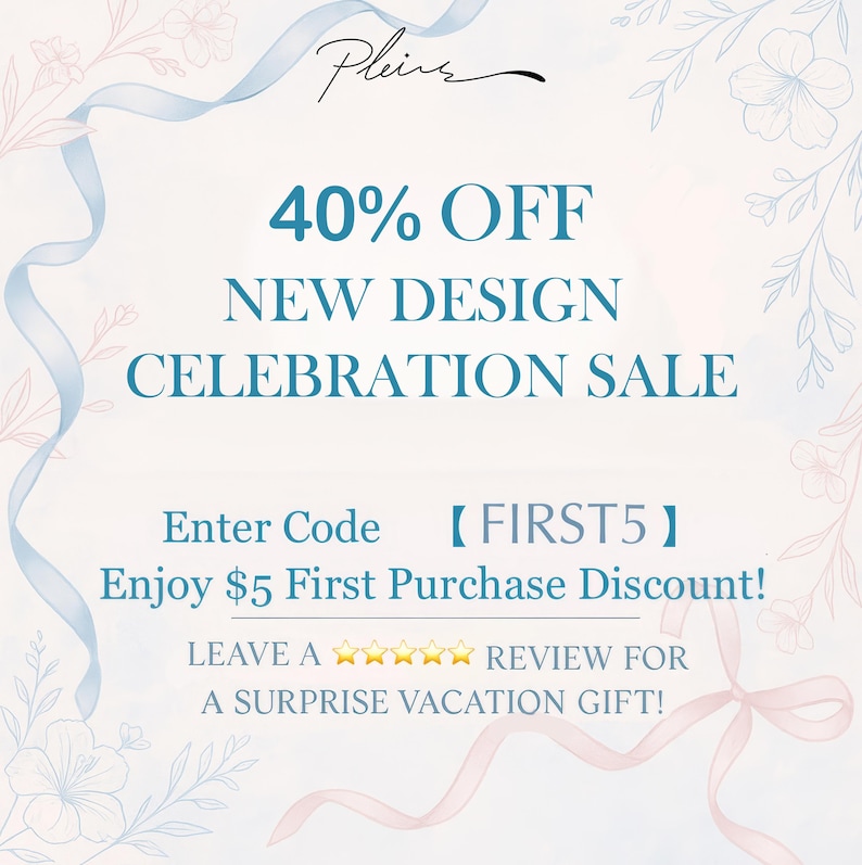May include: An advertisement with the text "40% OFF NEW DESIGN CELEBRATION SALE." The image includes floral and ribbon accents in light blue and pink. The text "Enter Code [FIRST5]" is also visible.