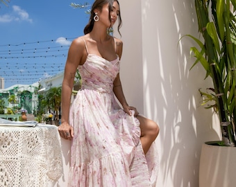 Spring Floral Maxi Dress | Blush Pink A-Line Gown | Ruffle Shoulder Elegant Day Dress | Boho Chiffon Picnic Outfit for Spring & Summer