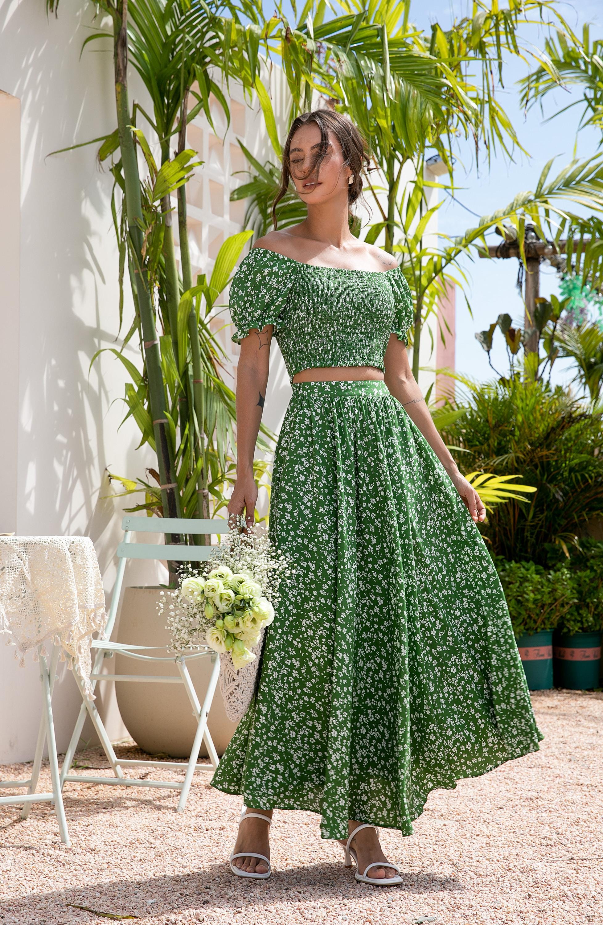 Green Cotton Two Piece Set | Cottagecore Puff Sleeve Crop Top & Skirt | Lightweight A-Line Boho Outfit | Summer Garden Matching Set