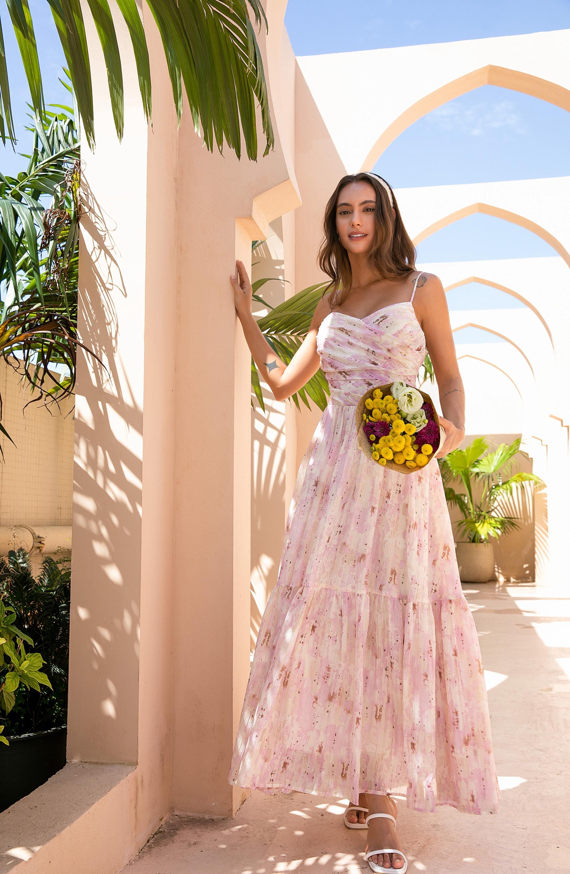 ladies pink floral dress Rosalyn Pink Floral Midi Dress | Women's Clothing