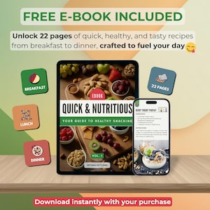 May include: An advertisement for a digital cookbook titled "Quick & Nutritious" displayed on a tablet and a smartphone. The image includes text that says "Free E-Book Included" and "Unlock 22 pages of quick, healthy, and tasty recipes from breakfast to dinner, crafted to fuel your day."