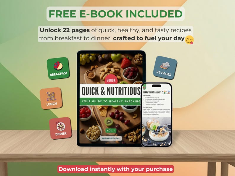 May include: An advertisement for a digital cookbook titled "Quick & Nutritious" displayed on a tablet and a smartphone. The image includes text that says "Free E-Book Included" and "Unlock 22 pages of quick, healthy, and tasty recipes from breakfast to dinner, crafted to fuel your day."