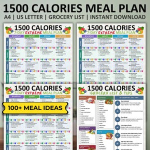 1500 Calories Extreme Diet Plan, Low Calorie Meal Plan and Grocery List, Losing Weight Meal Plan, 7-Day Meal Prep, 7-Day Weight Loss Recipes