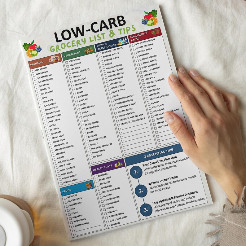 May include: A printable grocery list for a low-carb diet. The list is divided into categories: proteins, vegetables, dairy & alternatives, healthy fats, fruits, condiments & misc. It also includes 3 essential tips for a low-carb lifestyle.