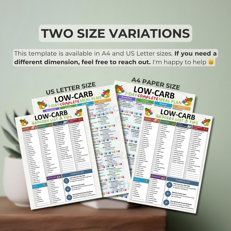 May include: Two printable low-carb meal plan templates in US Letter and A4 paper sizes. Each template includes a 7-day meal plan with breakfast, lunch, dinner, and snacks, as well as a grocery list and essential tips.