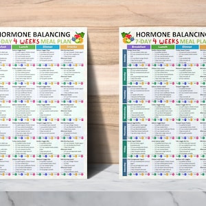 May include: Two printed meal plan charts titled "Hormone Balancing 7-Day 4 Weeks Meal Plan." Each chart is divided into sections for breakfast, lunch, dinner, and snacks, with a weekly breakdown of meal suggestions. The charts are on a white surface.