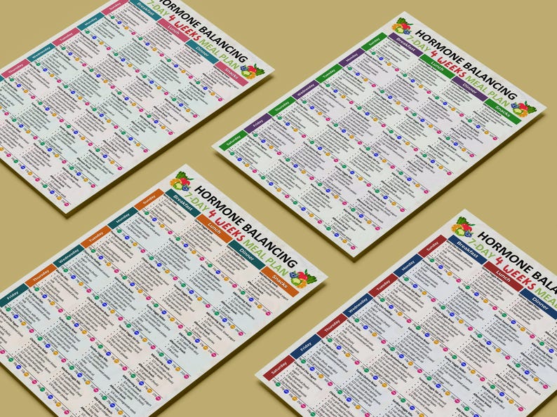 May include: Four angled, colorful meal plan charts titled "Hormone Balancing 7-Day 4 Weeks Meal Plan." Each chart features a grid layout with daily meal suggestions, including breakfast, lunch, and dinner, with fruit illustrations.