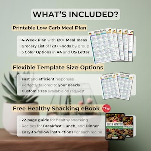 May include: A printable low-carb meal plan with 120+ meal ideas, a grocery list, and 5 color options. The plan is available in A4 and US Letter sizes. A free eBook with 22 pages of healthy snacking recipes is also included.