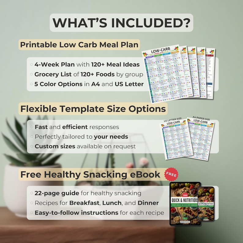 May include: A printable low-carb meal plan with 120+ meal ideas, a grocery list, and 5 color options. The plan is available in A4 and US Letter sizes. A free eBook with 22 pages of healthy snacking recipes is also included.