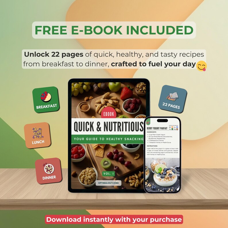 May include: A digital illustration of a tablet displaying an ebook cover titled "Quick & Nutritious: Your Guide to Healthy Snacking". The ebook cover features a colorful assortment of fruits, nuts, and granola. The tablet is on a wooden surface with a smartphone displaying a recipe for "Berry Yogurt Parfait".