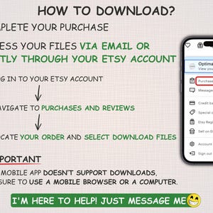 May include: A guide titled "HOW TO DOWNLOAD?" with instructions on how to access files after purchase. Includes a smartphone graphic highlighting "Purchases and reviews" and a message: "I'M HERE TO HELP! JUST MESSAGE ME".