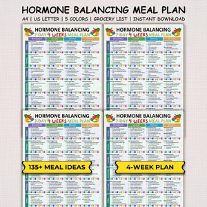 Puede incluir: Un conjunto de cuatro gráficos coloridos de planes de comidas titulados "Hormone Balancing Meal Plan". Cada gráfico presenta un plan de comidas de 7 días y 4 semanas con ideas de comidas para el desayuno, el almuerzo, la cena y los refrigerios. Los gráficos incluyen el texto "135+ MEAL IDEAS" y "4-WEEK PLAN".