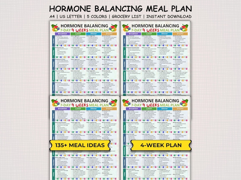 May include: A set of four colorful meal plan charts titled "Hormone Balancing Meal Plan". Each chart features a 7-day, 4-week meal plan with meal ideas for breakfast, lunch, dinner, and snacks. The charts include the text "135+ MEAL IDEAS" and "4-WEEK PLAN".