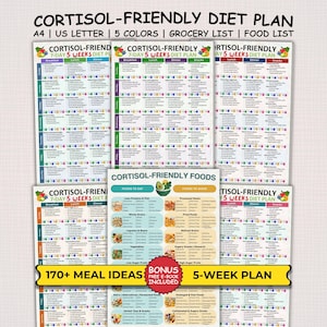 May include: A collection of colorful diet plan charts with the text "CORTISOL-FRIENDLY DIET PLAN". The charts include a 5-week plan, grocery list, and food list. The text "170+ MEAL IDEAS" is also visible.