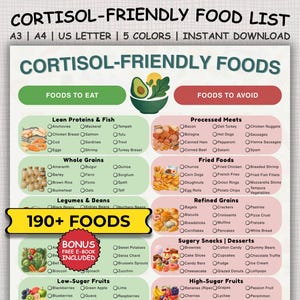 May include: A printable food list titled "Cortisol-Friendly Foods" with sections for foods to eat and avoid. The list includes lean proteins, whole grains, legumes, and fruits. The design is in shades of green, red, and white, with the text "190+ FOODS" highlighted.