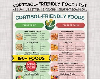 Cortisolvriendelijke voedingslijst, Cortisolverlagende voedselgids, Cortisol Detox-voedsellijst, Cortisolbalancerende voedselkaart, Cortisolverlagende afdrukbaar