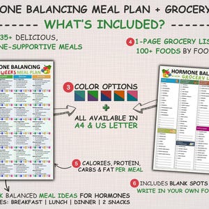 May include: A digital print featuring a hormone balancing meal plan and grocery list. The meal plan includes 135+ delicious, hormone-supportive meals, 4-week balanced meal ideas, and 3 color options. The grocery list has 100+ foods.