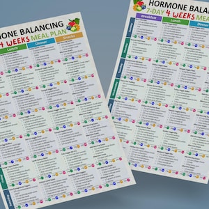 May include: Two white printed sheets with a meal plan for hormone balancing. The text reads "HORMONE BALANCING 7-DAY 4 WEEKS MEAL PLAN" with sections for breakfast, lunch, dinner, and snacks. The sheets are on a blue background.