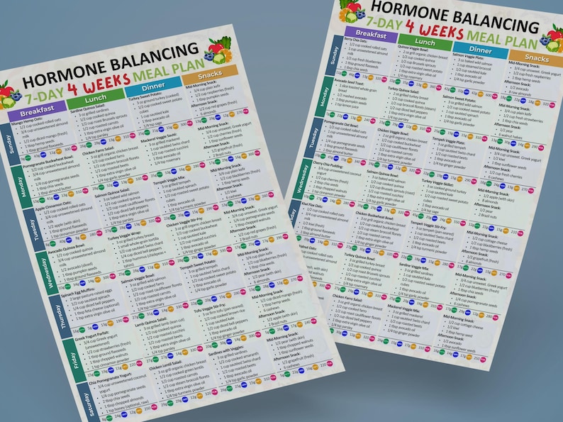 May include: Two white printed sheets with a meal plan for hormone balancing. The text reads "HORMONE BALANCING 7-DAY 4 WEEKS MEAL PLAN" with sections for breakfast, lunch, dinner, and snacks. The sheets are on a blue background.