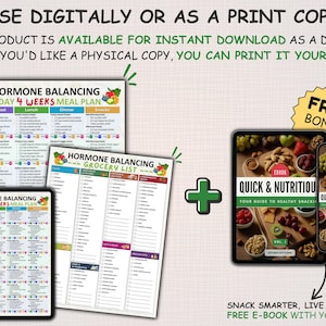 May include: Digital and printable hormone balancing meal plan and grocery list. Includes a 7-day, 4-week meal plan and a grocery list. Also includes a free ebook on healthy snacking. The products are displayed on a tablet and a phone.
