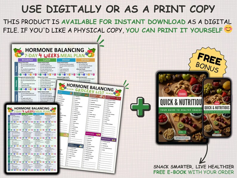 May include: Digital and printable hormone balancing meal plan and grocery list. Includes a 7-day, 4-week meal plan and a grocery list. Also includes a free ebook on healthy snacking. The products are displayed on a tablet and a phone.