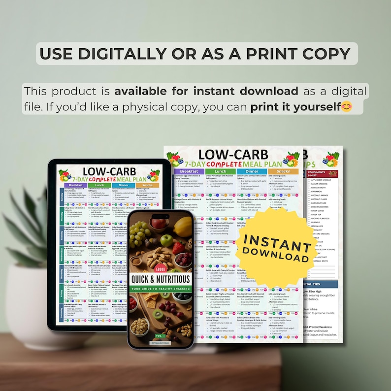May include: A digital download of a 7-day low-carb meal plan. The plan includes breakfast, lunch, dinner, snacks, and tips. The meal plan is available for instant download.