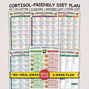 May include: A set of colourful diet plan charts labelled "CORTISOL-FRIENDLY DIET PLAN." The charts include grocery and food lists, with the text "135+ MEAL IDEAS" and "4-WEEK PLAN." The charts are available in A4 and US Letter sizes.