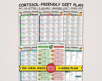May include: A collection of colorful diet plan charts with the text "CORTISOL-FRIENDLY DIET PLAN." The charts include grocery and food lists, with the text "135+ MEAL IDEAS" and "4-WEEK PLAN." The charts are available in A4 and US Letter sizes.