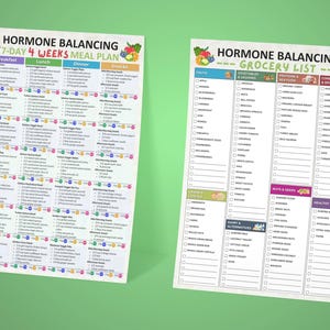 May include: Two white sheets with text and colorful graphics. One sheet is a 7-day, 4-week meal plan for hormone balancing, with sections for breakfast, lunch, dinner, and snacks. The other is a grocery list.