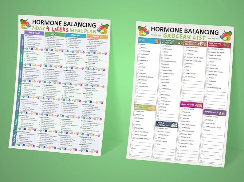 May include: Two white sheets with text and colorful graphics. One sheet is a 7-day, 4-week meal plan for hormone balancing, with sections for breakfast, lunch, dinner, and snacks. The other is a grocery list.