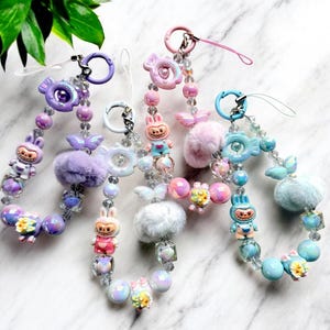 Cute Monsters handmade keychain, bag charm and phone strap with Pom Pom and Beads