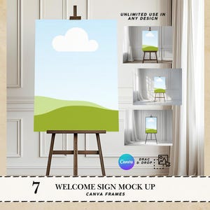 Könnte beinhalten: Eine hölzerne Staffelei zeigt ein Mockup für ein Willkommensschild mit blauem Himmel, weißer Wolke und grüner Landschaft. Das Bild enthält den Text "UNLIMITED USE IN ANY DESIGN" und "WELCOME SIGN MOCK UP CANVA FRAMES". Zusätzliche Mockups werden gezeigt.