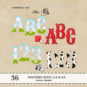 Peut inclure: Un ensemble de cadres Canva avec une police de style Western, comprenant les lettres A-Z et les chiffres 0-9. Les lettres et les chiffres présentent des motifs de ciel et d'herbe, de bandana rouge et de peau de vache. Le texte "36 WESTERN FONT A-Z & 0-9" est également présent.