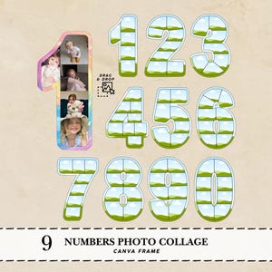 May include: A photo collage template featuring the numbers 1 through 9. Number 1 has four photo slots. The other numbers have a window-like design with green and blue accents. The text "9 NUMBERS PHOTO COLLAGE CANVA FRAME" is at the bottom.