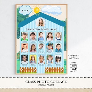 May include: A framed class photo collage template with a blue house design, featuring student photos and the text "ELEMENTARY SCHOOL NAME." Includes a teacher's photo, a sun, and a cloud illustration. The text "CLASS PHOTO COLLAGE CANVA FRAME" is at the bottom.