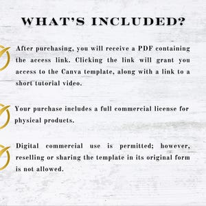 May include: White wooden background with the text "WHAT'S INCLUDED?" in black. The text describes what is included with a purchase, including a PDF with an access link, a Canva template, and a commercial license for physical products. Digital commercial use is permitted.