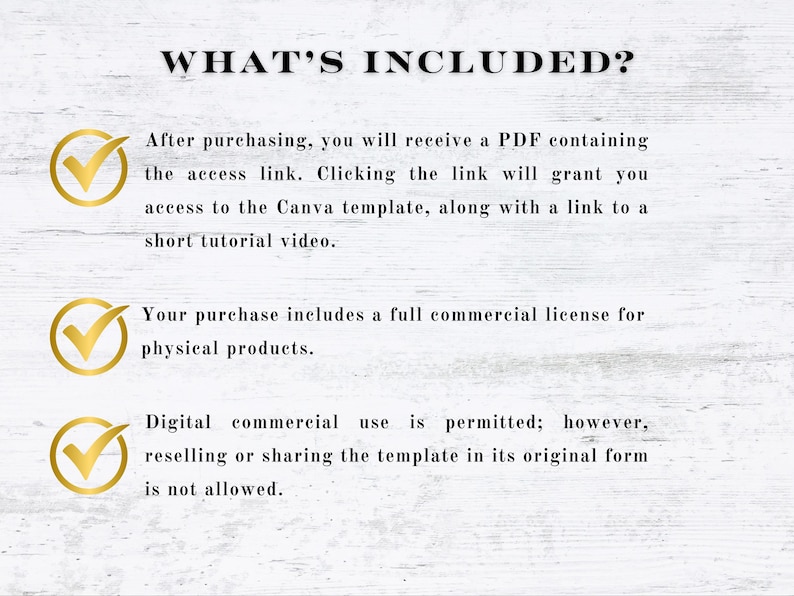 May include: White wooden background with the text "WHAT'S INCLUDED?" in black. The text describes what is included with a purchase, including a PDF with an access link, a Canva template, and a commercial license for physical products. Digital commercial use is permitted.