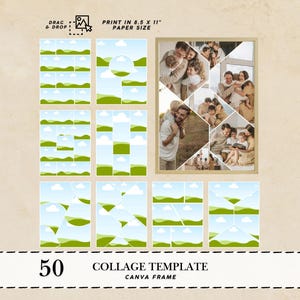 May include: A digital collage template with 50 layouts, designed for 8.5 x 11 inch prints. The template includes a framed collage with family photos. The words "DRAG & DROP" and "COLLAGE TEMPLATE" are also visible.