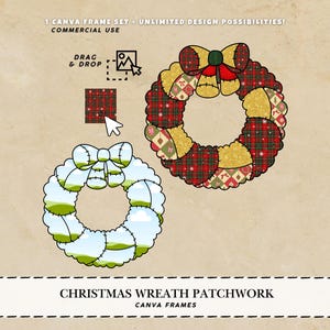 Puede incluir: Dos diseños de coronas navideñas. Uno es un patchwork de telas rojas, verdes y doradas, con un lazo y campanas rojas. El otro es una corona con un diseño de cielo azul y hierba verde. El texto dice "Christmas Wreath Patchwork".