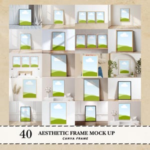 Op de afbeelding: Een verzameling van 40 digitale lijst-mockups met diverse rechthoekige lijsten in verschillende omgevingen, met een afbeelding van een blauwe lucht met een witte wolk boven groene heuvels. De tekst 40 AESTHETIC FRAME MOCK UP CANVA FRAME is zichtbaar.