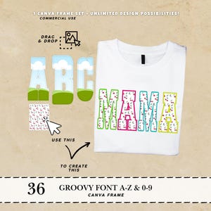 Puede incluir: Camiseta blanca con la palabra "MAMA" en una fuente retro colorida. Las letras están rellenas con un patrón de cerezas y delineadas en rosa, verde y amarillo. La imagen también muestra un conjunto de fuentes con las letras A, B y C, y el texto "GROOVY FONT A-Z & 0-9".