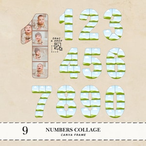 Può includere: Una serie di collage numerici, ciascuno progettato con uno sfondo paesaggistico unico. Il numero "1" presenta un collage fotografico di un bambino. È visibile anche il testo "Drag & Drop" e "Numbers Collage Canva Frame".