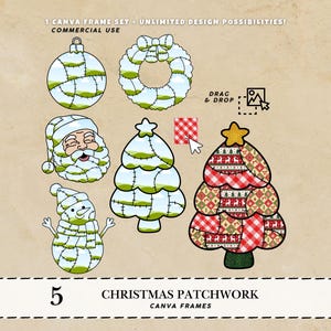 May include: A set of digital Christmas illustrations in a patchwork style. The image features a bauble, wreath, Santa, snowman, and Christmas trees. The illustrations have green and white accents. Text reads "Christmas Patchwork Canva Frames".