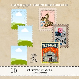 Puede incluir: Una colección de diez diseños de sellos personalizados con una estética vintage. Los sellos presentan ilustraciones de una mariposa, el Taj Mahal y otras vistas panorámicas. El texto "1 CANVA FRAME SET - UNLIMITED DESIGN POSSIBILITIES!" y "CUSTOM STAMPS" son visibles.