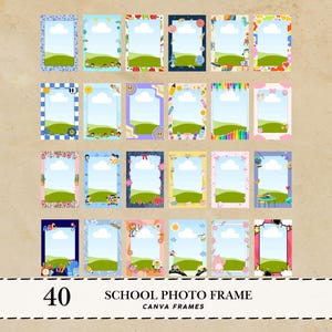 Pode incluir: Uma coleção de 40 molduras coloridas para fotos escolares com vários designs. Cada moldura apresenta um céu e grama, com bordas decorativas, incluindo lápis, botões e outros elementos escolares. O texto "SCHOOL PHOTO FRAME CANVA FRAMES" está na parte inferior.