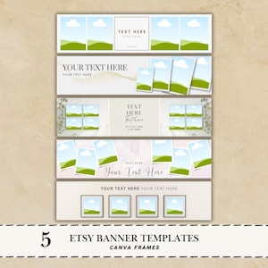 May include: Five Etsy banner templates with various designs. Each template features a landscape with blue skies, green fields, and white clouds. The templates include areas for text, with the words "TEXT HERE" and "YOUR TEXT HERE" visible.