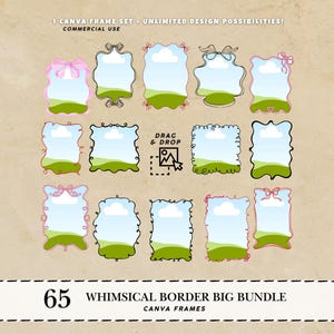 May include: A collection of 65 whimsical Canva frame designs. Each frame features a blue sky, green landscape, and decorative borders with bows and swirls. Text at the top reads "1 Canva Frame Set - Unlimited Design Possibilities! Commercial Use."