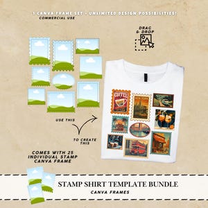 Könnte beinhalten: Ein weißes T-Shirt mit verschiedenen Vintage-Stempelmotiven. Das Bild zeigt auch einen Satz von 25 individuellen Canva-Rahmen in Stempelform. Text enthält "STAMP SHIRT TEMPLATE BUNDLE CANVA FRAMES" und "COMMERCIAL USE".